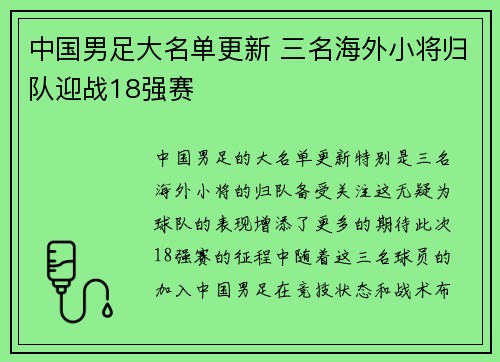 中国男足大名单更新 三名海外小将归队迎战18强赛 中国男足大名单更新 三名海外小将归队迎战18强赛