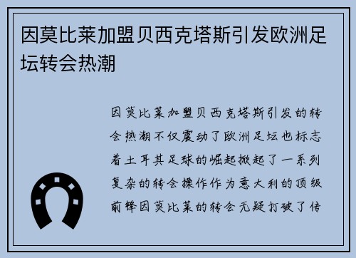 因莫比莱加盟贝西克塔斯引发欧洲足坛转会热潮 因莫比莱加盟贝西克塔斯引发欧洲足坛转会热潮